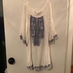 Blue Island Beach Off the Shoulder White Gauzy Beach Dress With Blue Embroidery